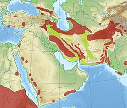 Stanište perzijskog leoparda u Jugozapadnoj Aziji (crveno), uz možebitna staništa (svijetlozeleno)