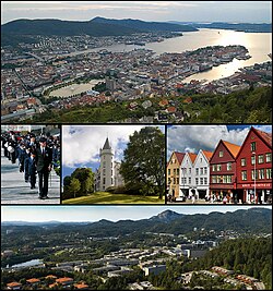Od vrha prema dnu: središte grada, Streljačka brigada (buekorps), Gamlehaugen, Bryggen, i Fyllingsdalen