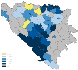 Stanovništvo Bosne i Hercegovine po kotarima prema popisu iz 1953. godine; pravoslavci - crvena, muslimani - zelena, katolici - plava