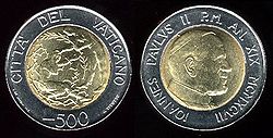 Kovanice od 500 vatikanskih lira sa slikom pape Ivana Pavla II.