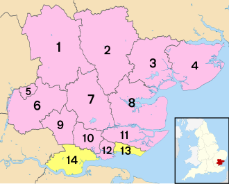      Unitarna uprava;      Područje grofovijskog vijeća (1) Uttlesford, (2) Braintree, (3) Colchester, (4) Tendring, (5) Harlow (6) Epping Forest, (7) Grad Chelmsford, (8) Maldon, (9) Brentwood, (10) Basildon, (11) Rochford, (12) Castle Point, (13) Southend-on-Sea, (14) Thurrock