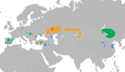 Područje rasprostranjenosti velike droplje (zeleno: uglavnom stalno obitava, žuto: uglavnom ljeti, plavo: uglavnom zimi)