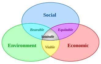 Three intersecting circles representing economy, society and environment showing how sustainability involves cooperation at the point where they all intersect.