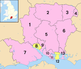 Unitarna uprava; Područje grofovijskog Vijeća (1) Test Valley, (2) Basingstoke and Deane, (3) Hart, (4) Rushmoor, (5) Winchester, (6) East Hampshire, (7) New Forest, (8) Southampton (unitarna uprava), (9) Eastleigh, (10) Fareham, (11) Gosport, (12) Portsmouth (Unitarna uprava) (13) Havant.