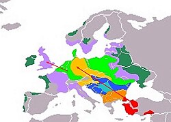 Širenje gugutke od 1900. godine. ██ Prije 1900. godine ██ Do 1928. ██ Do 1938. ██ Do 1946. ██ Do 1949. ██ Do 1957. ██ Do 1963. ██ Do 1973.
