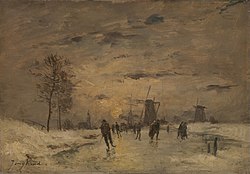 Skating in Holland, 1890-1900, signirano "Jongkind" u donjem lijevom kutu, no u stvari rad nepoznatog krivotvoritelja.
