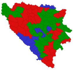 Carrington-Cutileirov mirovni plan: bošnjačke općine prikazane zelenom, srpske crvenom, a hrvatske plavom.