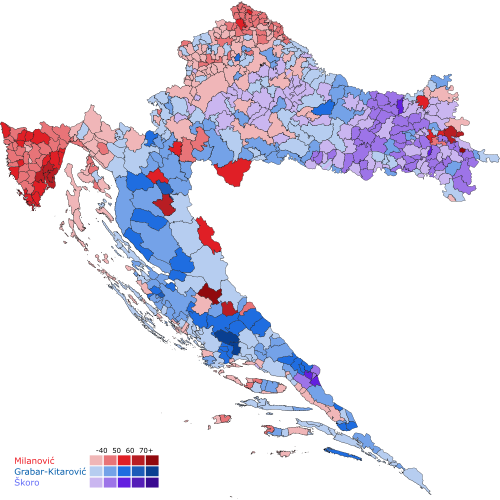 Rezultati prvog kruga po općinama i gradovima, osjenčano prema osvojenim postocima glasova.